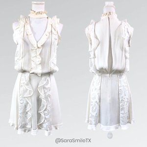 {ALEXIS} White Ruffle Lace Trim Choker Mini Dress